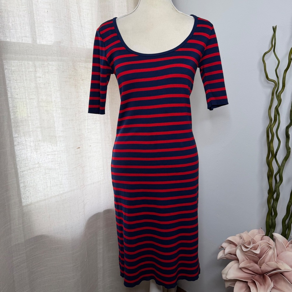 Ralph Lauren Black Label Striped Scoop Neck Midi Dress Navy Red Cotton Medium